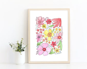 Bright modern flower garden watercolor painting - whimsical floral collage art print - happy colorful flowers wall art - pink and yellow art