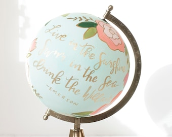 Hand-painted floral globe - painted globe mint and bright pink flowers - gold details - quote Ralph Waldo Emerson - Swim in the sea