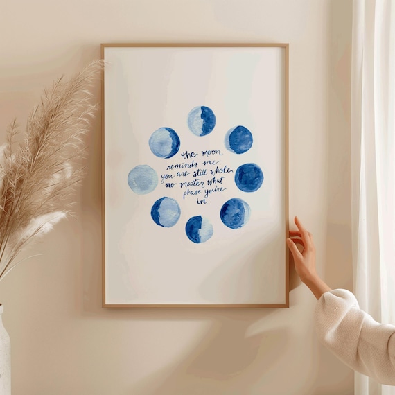 Moon Phases Print with Inspirational Quote: Watercolor Celestial Wall Hanging, Whimsical Boho Bedroom Illustration