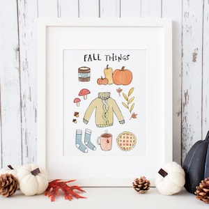 Fall Things Watercolor Art Print: Autumn Doodles Illustration