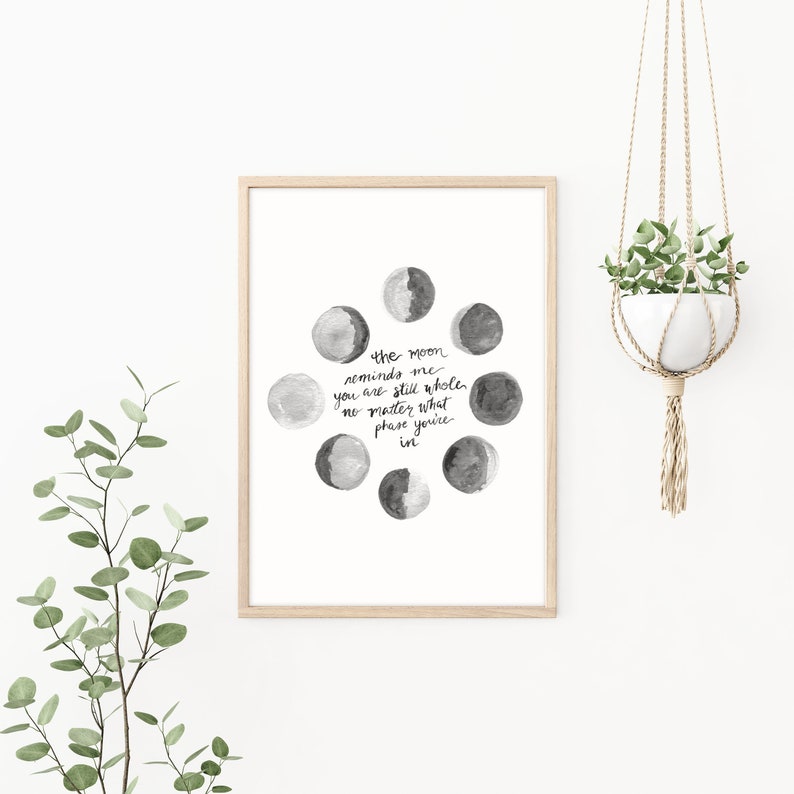 GRAYSCALE Moon Phases Print Inspirational Wall Art Print image 1