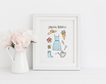 Spring things hand painted watercolor art print - colorful gardening illustration