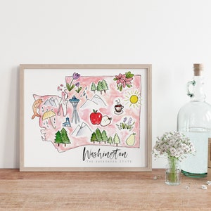 K&ouml;nnte beinhalten: Eine Aquarell-Illustration des Bundesstaates Washington mit verschiedenen Symbolen, die den Bundesstaat repr&auml;sentieren, darunter das Space Needle, eine Kaffeetasse, eine Birne und ein Apfel. Der Text "Washington - The Evergreen State" befindet sich am unteren Rand der Illustration.