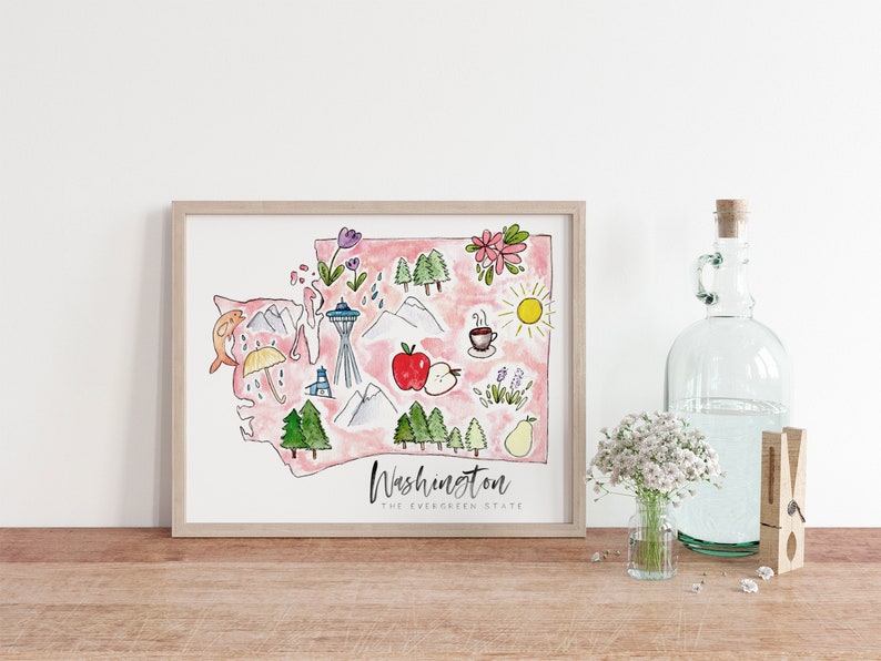 K&ouml;nnte beinhalten: Eine Aquarell-Illustration des Bundesstaates Washington mit verschiedenen Symbolen, die den Bundesstaat repr&auml;sentieren, darunter das Space Needle, eine Kaffeetasse, eine Birne und ein Apfel. Der Text "Washington - The Evergreen State" befindet sich am unteren Rand der Illustration.