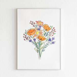 Poppies Watercolor Print - Wildflowers Bouquet - Bouquet Art Print - Flowers Painting - Wildflowers Floral Wall Art - Poppy Art