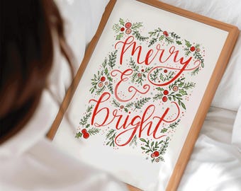Merry & Bright Christmas Art Print: Hand Lettered Watercolor Holiday Decor
