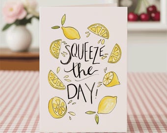 Squeeze the Day Lemon Karte, Aquarell Motivations Grußkarte (5x7)