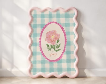 Pfingstrose Illutration Print | Blaue Vichy-Karo Blumenkunst Rosa Pfingstrose Dekor