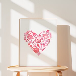 Paisley print pink and red heart watercolor painting colorful heart art flowers and doodled heart watercolor print monochromatic art image 2