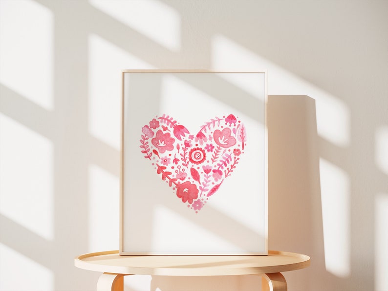 Paisley print pink and red heart watercolor painting colorful heart art flowers and doodled heart watercolor print monochromatic art image 2