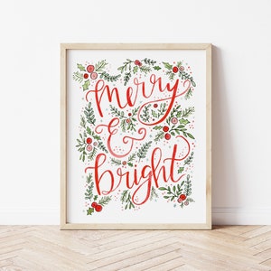Merry & Bright Art Print - Christmas Watercolor Illustration - Holiday Home Decor - Hand-Lettered Christmas Wall Art - Christmas Sign