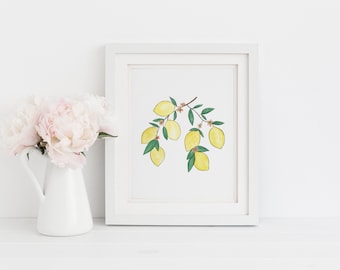 Lemon Botanical Art Print - Lemon Watercolor - Kitchen Decor Lemon Art - Lemon Decor Art Print - Citrus Print - Kitchen Wall Art