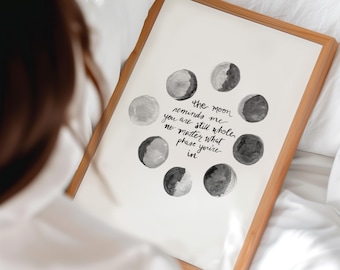 Maanfase aquarel kunstafdruk: hemels citaat, zelfliefde bohodecor