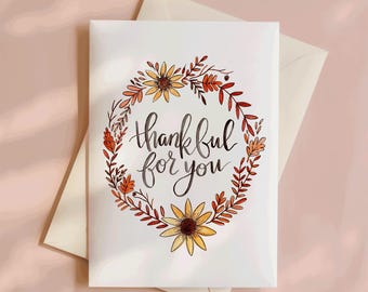 Thankful For You Card, Watercolor Sunflower Wreath, Autumn Gratitude (5x7)