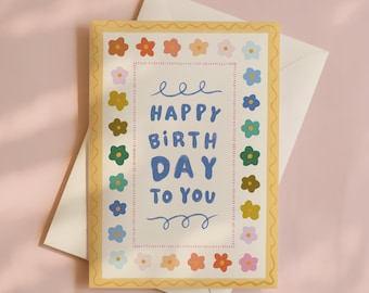 Alles Gute zum Geburtstag Karte | Regenbogen Blumen Grußkarte | Gelb