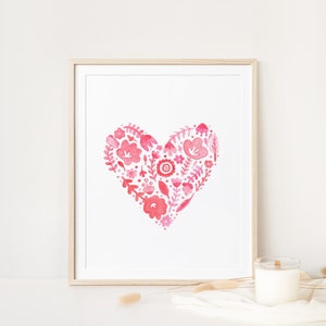 Paisley print pink and red heart watercolor painting colorful heart art flowers and doodled heart watercolor print monochromatic art image 1