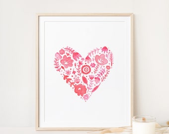 Paisley print pink and red heart watercolor painting - colorful heart art - flowers and doodled heart watercolor print - monochromatic art