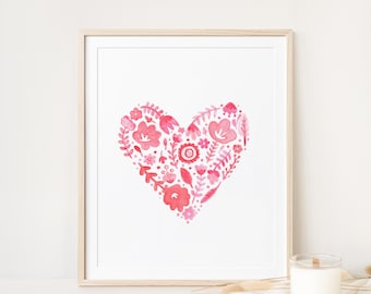 Paisley print pink and red heart watercolor painting - colorful heart art - flowers and doodled heart watercolor print - monochromatic art