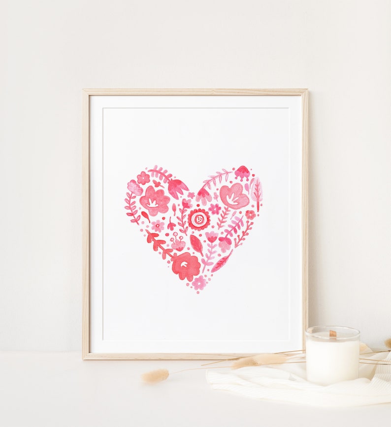 Paisley print pink and red heart watercolor painting colorful heart art flowers and doodled heart watercolor print monochromatic art image 1