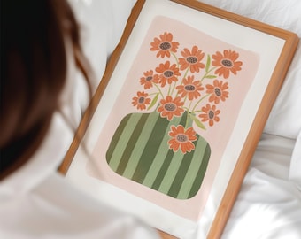 Rot Orange Blumen In Vase Drucken | Moderne Blumenkunst | Boho-Wand-Dekor
