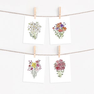 Set of Four Floral Greeting Cards, Blank Stationary, Handmade Note Card Stationary Set, Watercolor Hand Drawn Cards with Envelopes