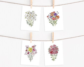 Set of Four Floral Greeting Cards, Blank Stationary, Handmade Note Card Stationary Set, Watercolor Hand Drawn Cards with Envelopes