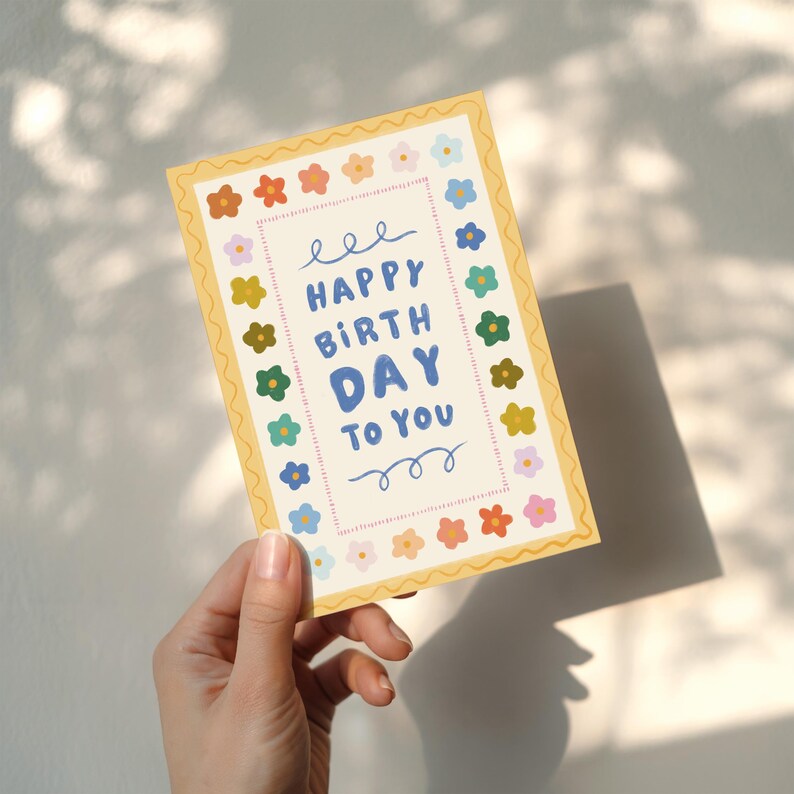 Rectangle Bday Card Happy Birthday Card | Rainbow Floral Greeting Card | Yellow - Etsy