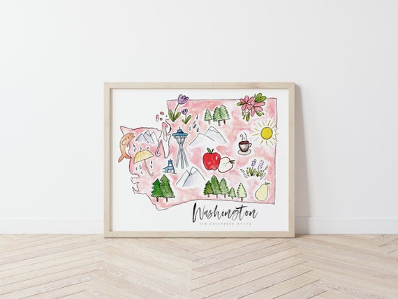 Washington State Print: Watercolor Map with Space Needle, PNW Gift for Seattle Lovers