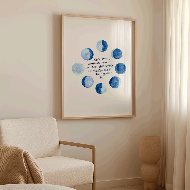 Maanfasenprint met inspirerend citaat: aquarel hemelse muur, grappige boho-slaapkamerillustratie afbeelding 2