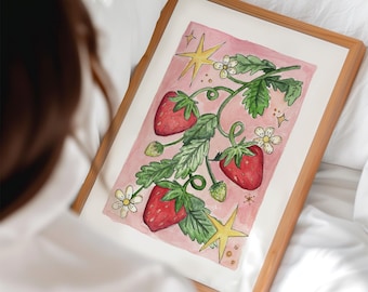 Erdbeere & Sterne Poster | Rosa Aquarell Kunst | Obst Dekor
