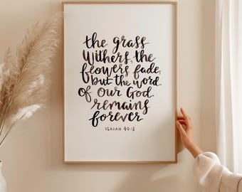 Isaías 40:8 - Lámina con versículo bíblico, acuarela con letras a mano para colgar en la pared, regalo cristiano para el hogar