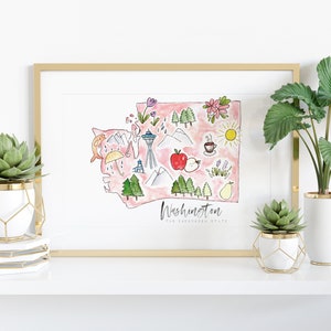 Washington State Watercolor Map Print, Cute Illustrated Wall Art ...