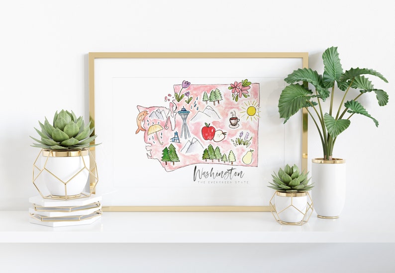 K&ouml;nnte beinhalten: Eine Aquarell-Illustration des Bundesstaates Washington mit verschiedenen Sehensw&uuml;rdigkeiten und Symbolen, darunter das Space Needle, der Mount Rainier, eine Kaffeetasse, eine Birne und ein Apfel. Der Text "Washington, The Evergreen State" steht unter der Illustration.