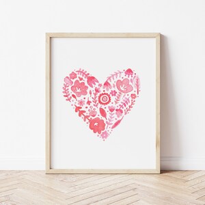 Paisley print pink and red heart watercolor painting colorful heart art flowers and doodled heart watercolor print monochromatic art image 4