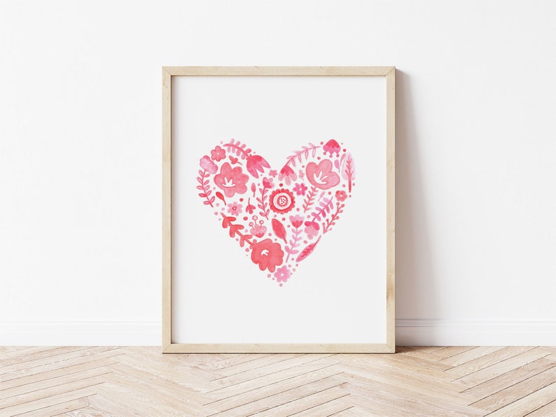 Paisley print pink and red heart watercolor painting colorful heart art flowers and doodled heart watercolor print monochromatic art image 4