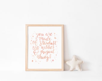 Blush Pink Nursery Print: Stardust & Wishes Quote, Girl's Room Decor