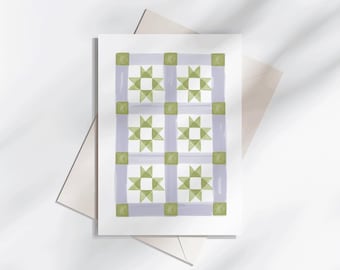 Nordische Quilt Muster Karte, Lime Grün und Lavendel, 13x18 Blanko Karte