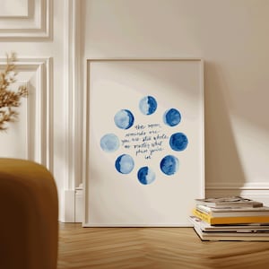 Maanfasenprint met inspirerend citaat: aquarel hemelse muur, grappige boho-slaapkamerillustratie afbeelding 3