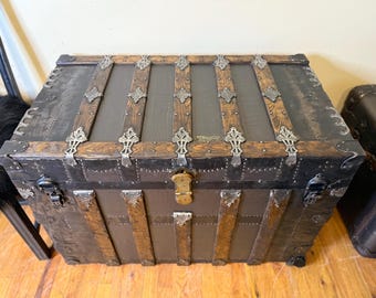 Large Antique Steamer Trunk Flat Top, Restored Vintage Storage Chest, Industrial Coffee Table Trunk, Ornate Hardware Chest