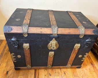 Antique Slant Top Steamer Trunk, Original Interior with Tray, Victorian Travel Chest, Black Tin Flat Top Trunk, Storage Chest