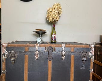 Extra Large Antique Steamer Trunk 41” – Oversized Vintage Travel Chest, Coffee Table Storage, 1920s 1930s Blanket Chest, Statement Decor