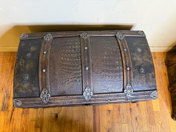Antique Steamer Trunk, Crocodile Embossed Storage Chest, Small
