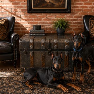 May include: Two black and tan Doberman Pinscher dogs positioned in a room with two black leather armchairs, a dark metal trunk, and a patterned rug. One dog is lying down on the rug while the other stands beside the trunk.