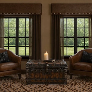 May include: A cozy living room scene featuring two brown leather armchairs with black pillows, a wooden trunk, and a lit candle. The room has brown curtains, a leopard-print rug, and a floor lamp. Windows offer a view of a green landscape.