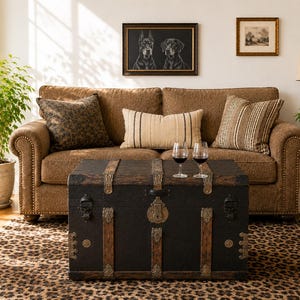 May include: A living room scene featuring a brown sofa with decorative pillows, a vintage black trunk used as a coffee table, and a leopard print rug. Two wine glasses sit atop the trunk. Artwork and a lamp complete the cozy interior.