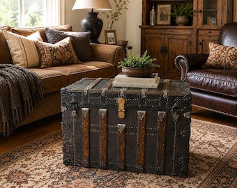 Large Antique Steamer Trunk Flat Top, Restored Vintage Storage Chest, Industrial Coffee Table Trunk, Ornate Hardware Chest
