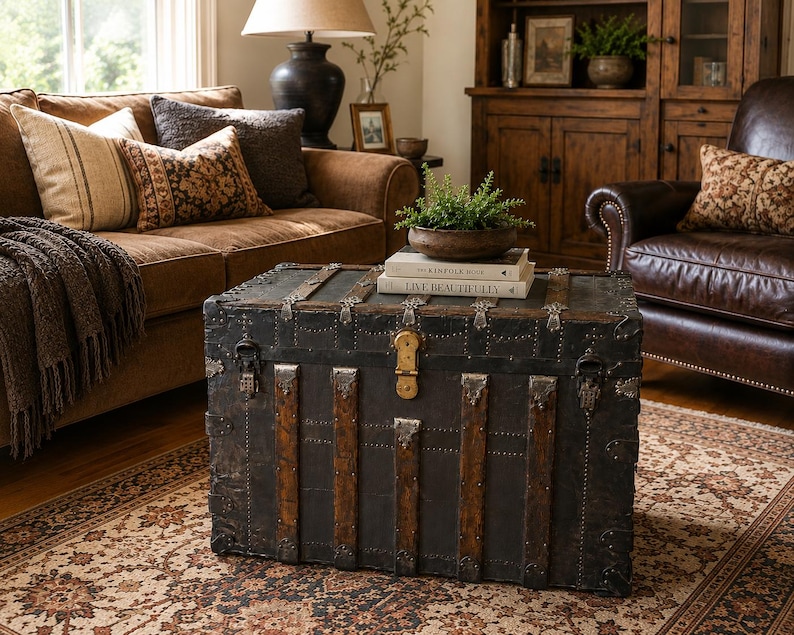 May include: An antique black trunk with metal accents and wooden straps serves as a coffee table. The trunk is in a living room with a brown sofa, patterned pillows, and a patterned rug. Books and a plant sit on top of the trunk.