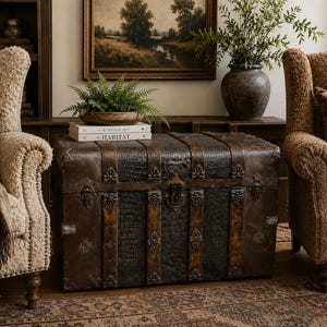 Rare Crocodile Tin Steamer Trunk, FJ Palica Co Racine Wis, Monitor Top Waterfall Chest, Refinished Antique Storage Box, Sanded Wood Interior