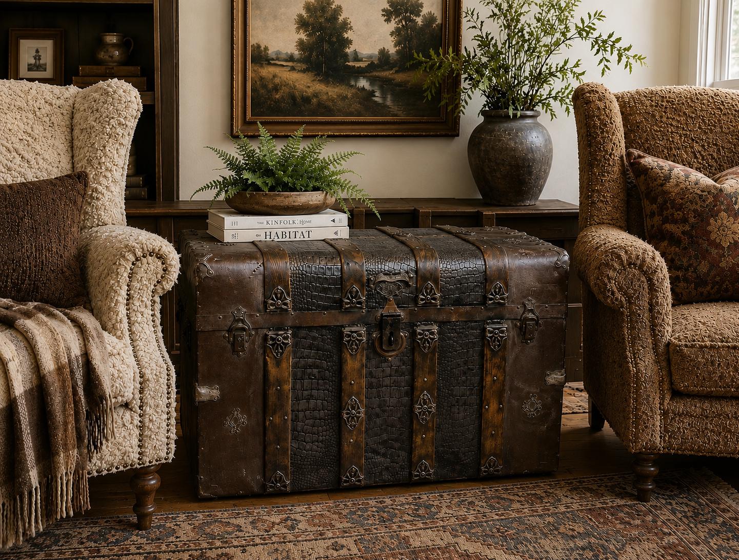 1910s antique trunk アンティーク 本革 トランク クロモス Rare Crocodile Tin Steamer Trunk, FJ Palica Co Racine Wis, Monitor