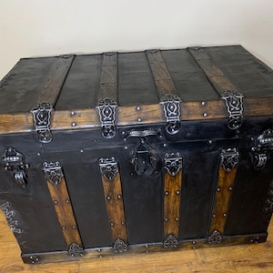 Antique Steamer Trunk, Old Trunk, Treasure Chest,  Storage Chest, Antique Chest, Black Trunk, Anniversary Gift Wedding, Retirement Gift,